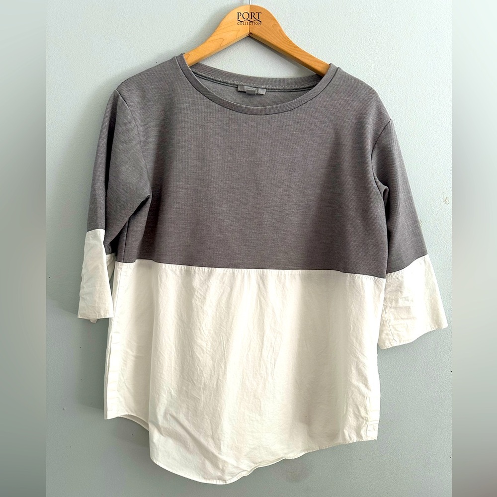 COS Gray and White 3/4 Sleeve Mixed Media Top